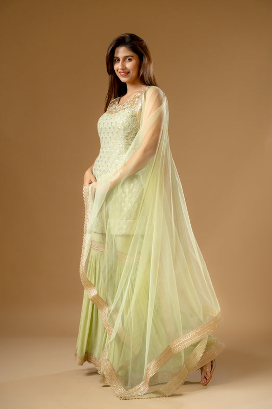 Pista Georgette Readymade Sharara Set With Net Dupatta