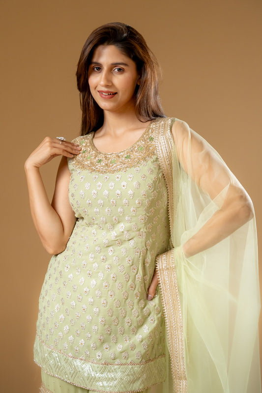 Pista Georgette Readymade Sharara Set With Net Dupatta