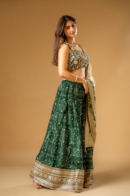 Bottle Green Chinon Readymade Sharara Set With Organza Dupatta