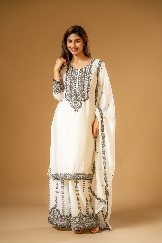 White Chinon Readymade Suit And Palazzo With Chinon Dupatta