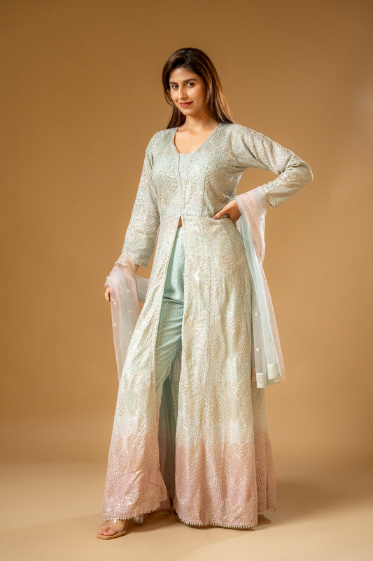 Tea-green Georgette Readymade Suit And Pant With Net Dupatta