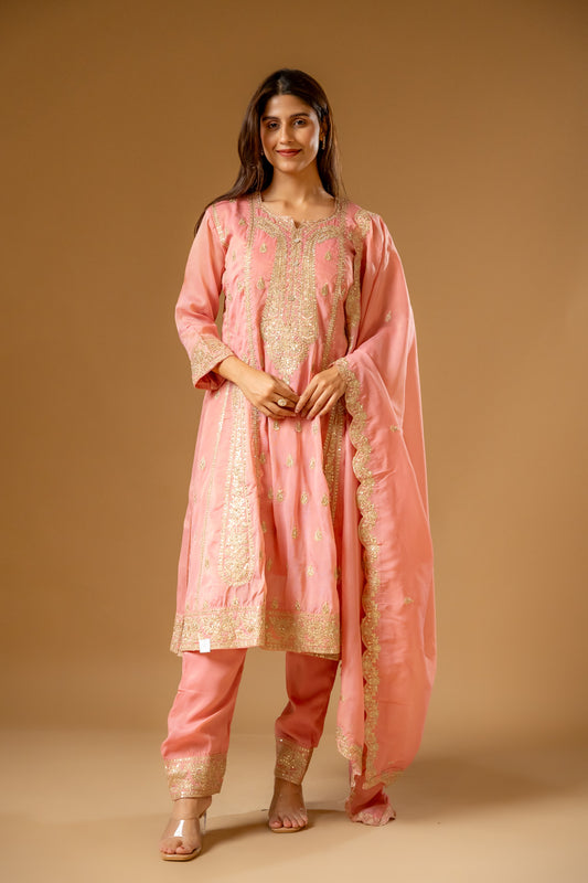 Gajari Shimmer Readymade Suit And Pant With Chinon Dupatta