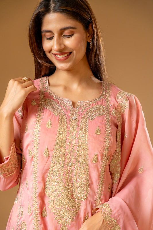 Gajari Shimmer Readymade Suit And Pant With Chinon Dupatta