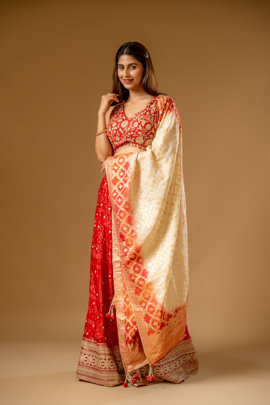 Red Chinon Readymade Sharara Set With Organza Dupatta