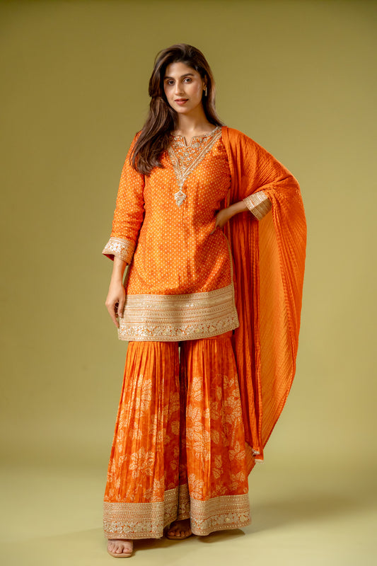 Orange Cotton Readymade Sharara Set With Chinon Dupatta
