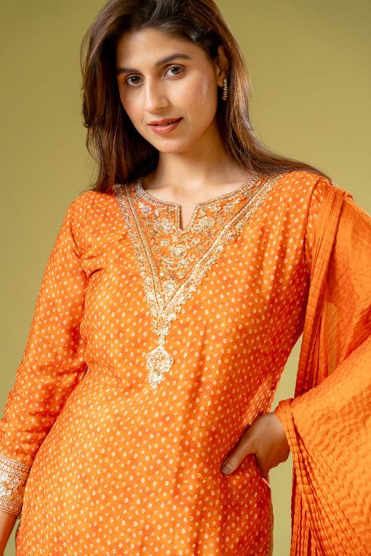 Orange Cotton Readymade Sharara Set With Chinon Dupatta