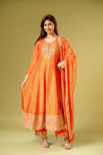 Orange Chinon Readymade Suit And Pant With Chinon Dupatta