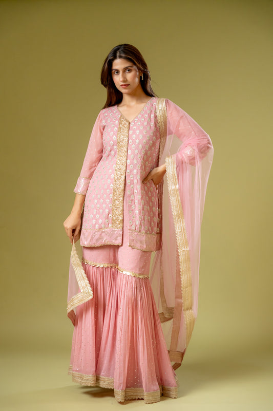 Gajari Georgette Readymade Sharara Set With Net Dupatta