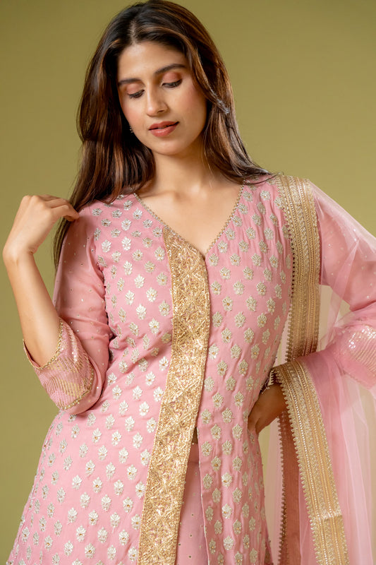 Gajari Georgette Readymade Sharara Set With Net Dupatta