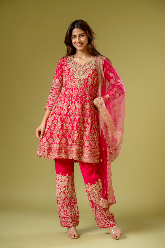 Rani Georgette Readymade Suit And Pant With Net Dupatta