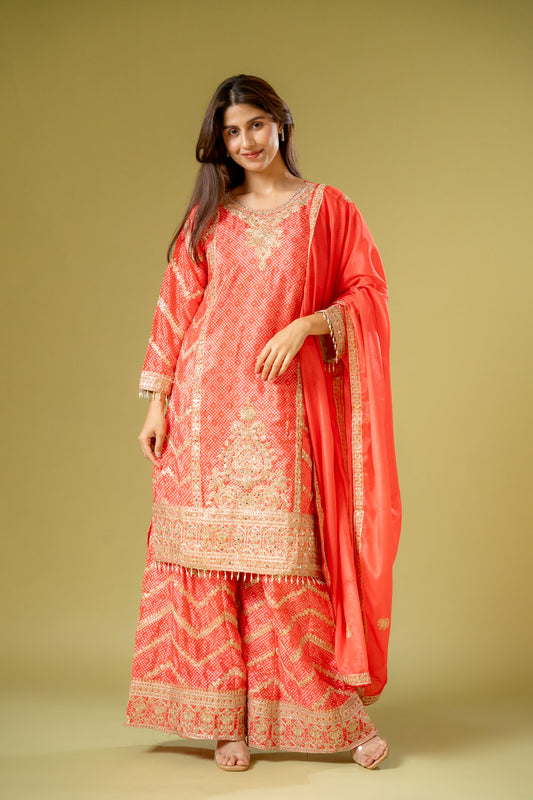 Coral Chinon Readymade Sharara Set With Chinon Dupatta