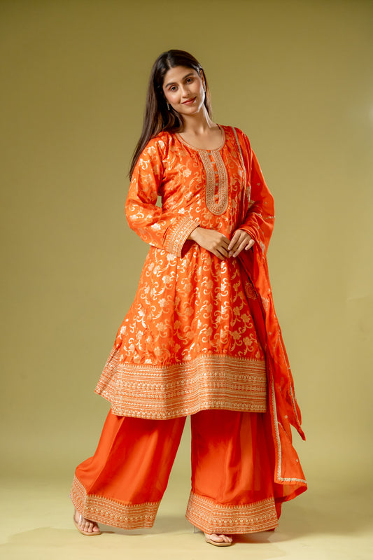 Orange Georgette Readymade Suit And Palazzo With Georgette Dupatta