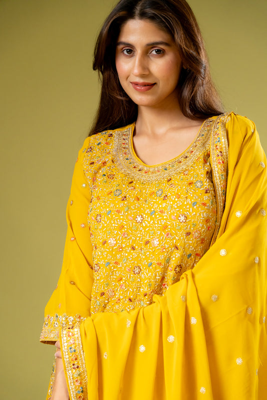 Mustard Georgette Readymade Suit And Palazzo With Georgette Dupatta