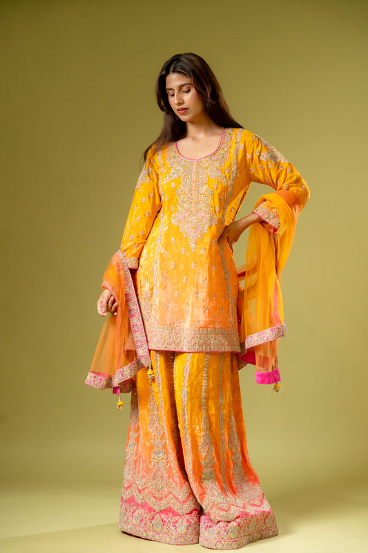 Mango Gold Crepe Readymade Sharara Set With Net Dupatta