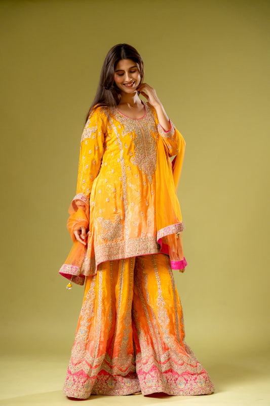Mango Gold Crepe Readymade Sharara Set With Net Dupatta