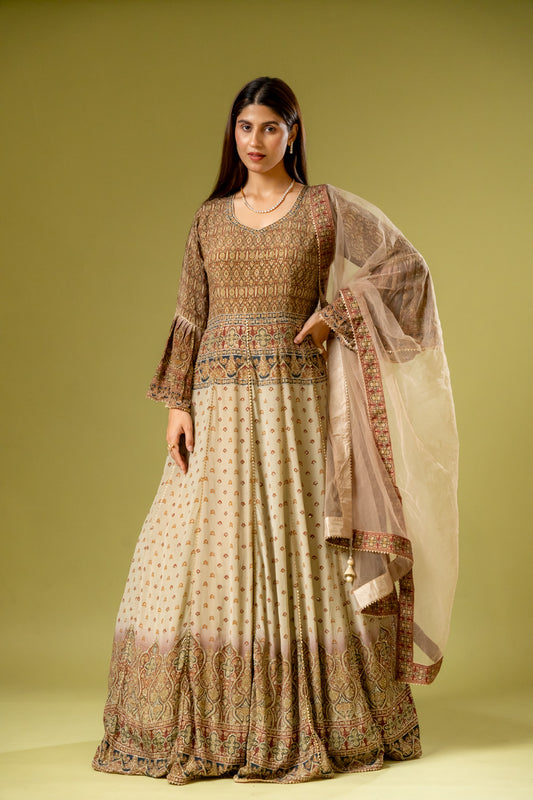 Tussar Crepe Readymade Suit With Net Dupatta