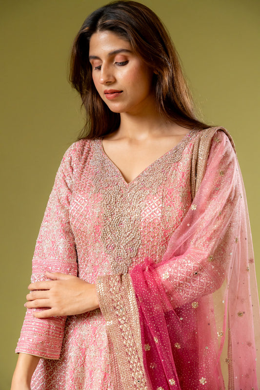 Gajari Georgette Readymade Suit With Net Dupatta