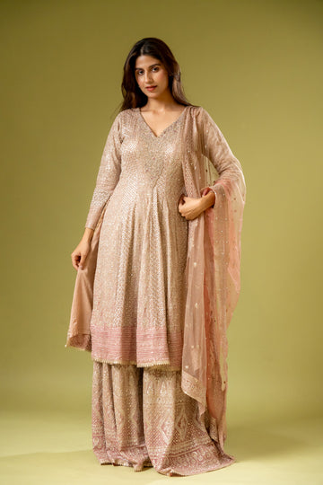Peach Georgette Readymade Sharara Set With Net Dupatta