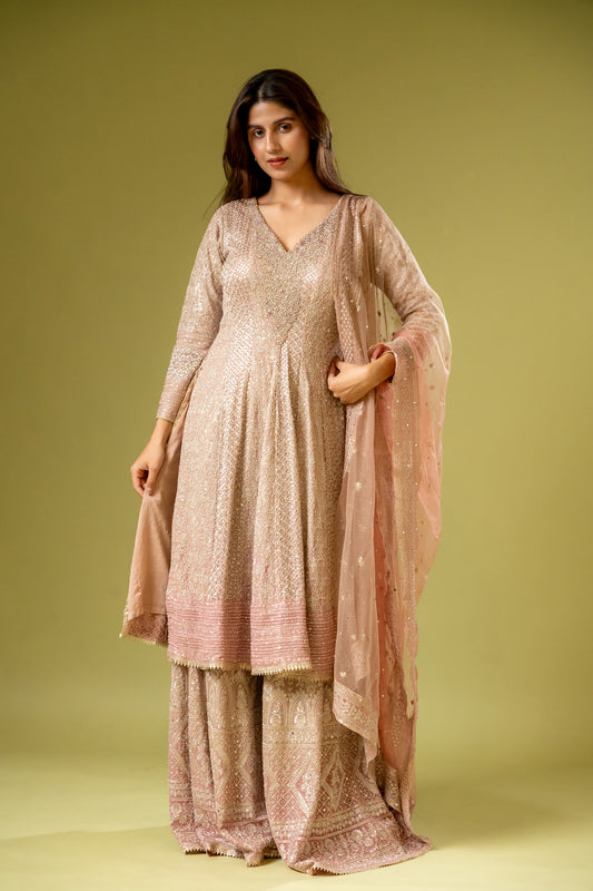 Peach Georgette Readymade Sharara Set With Net Dupatta
