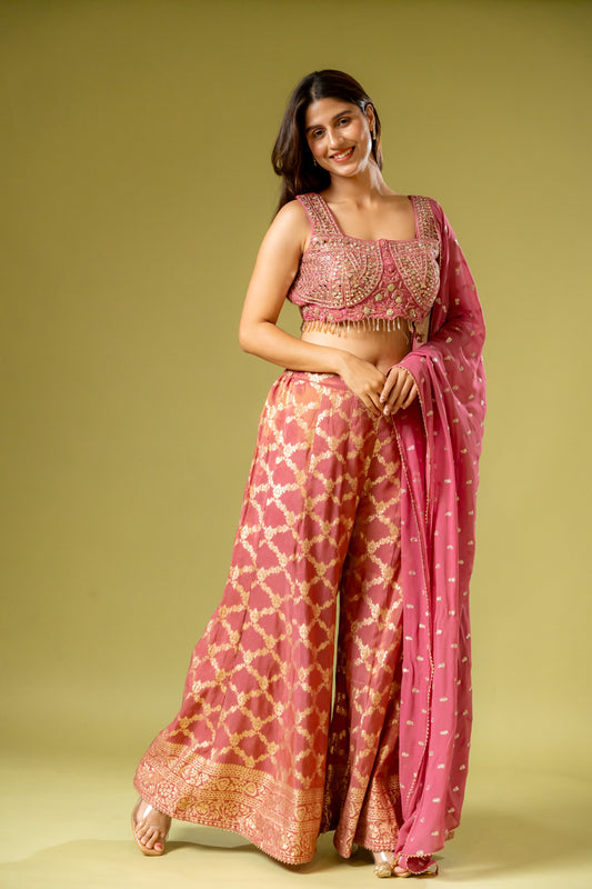 Gajari Tissue Readymade Sharara Set With Organza Dupatta