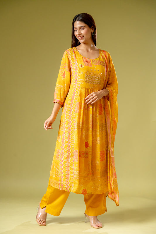 Mustard Crepe Readymade Suit And Palazzo With Crepe Dupatta