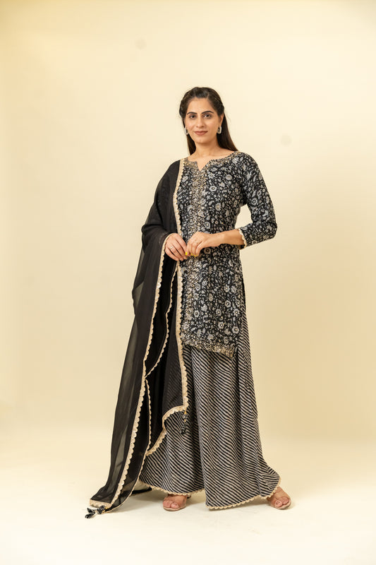 Black Cotton Readymade Suit And Palazzo With Georgette Dupatta
