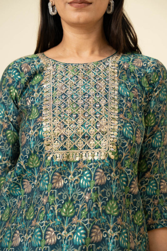 Peacock Blue Digital Printed Cotton Readymade Long Kurta