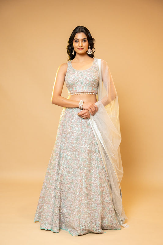 Sea Green Bead, Sequence, Swarovski & Zari Threadwork Net Lehenga Set With Net Dupatta