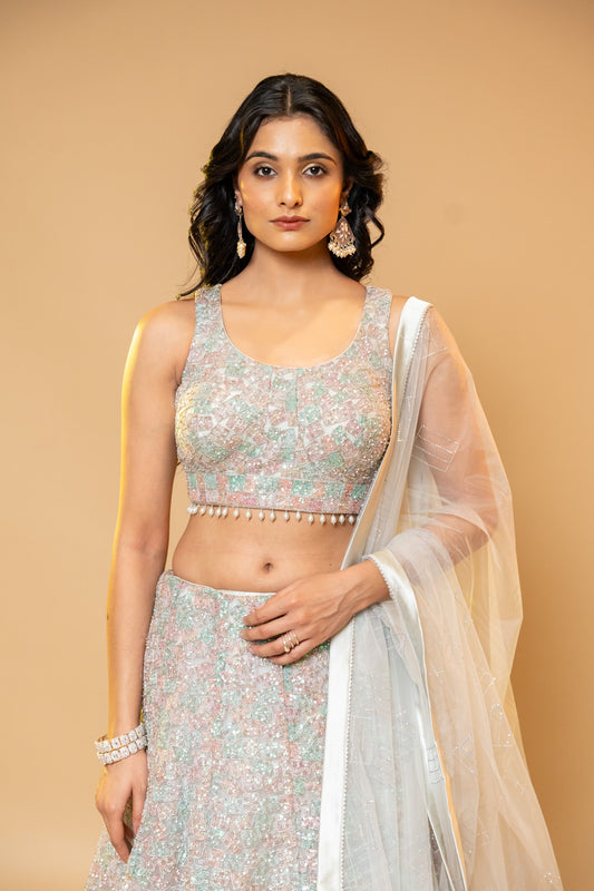 Sea Green Bead, Sequence, Swarovski & Zari Threadwork Net Lehenga Set With Net Dupatta