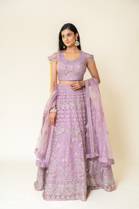 Onion Bead, Chandla, Mirror, Sequence & Threadwork Net Lehenga Set With Net Dupatta