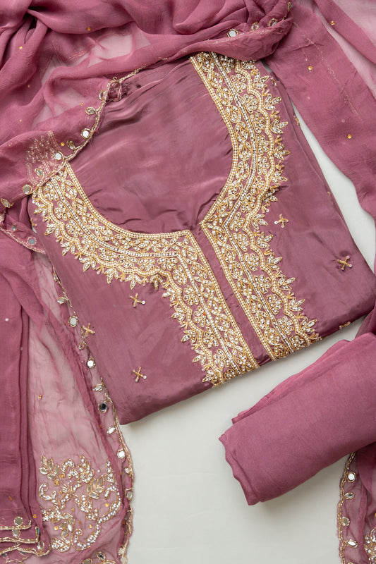 Delicate And Dreamy Mauve Unstitched Crepe Salwar Kameez With Chiffon Dupatta
