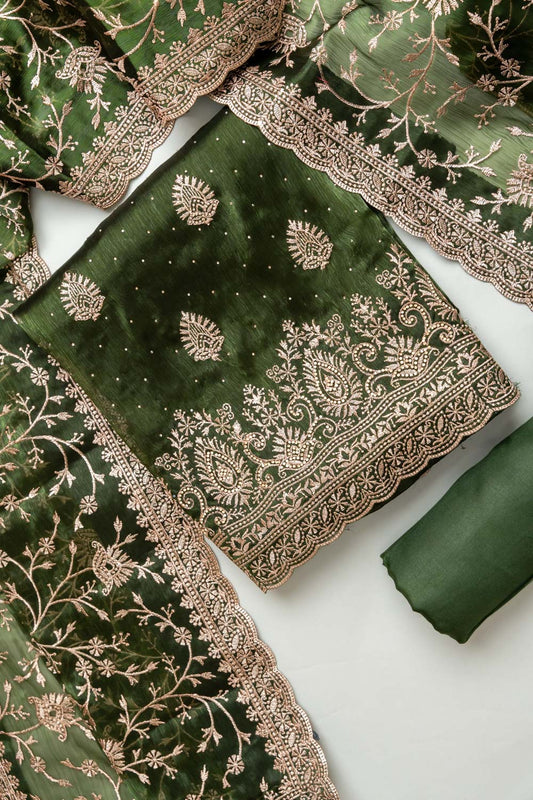Celebrate tradition in Mehndi Organza Unstitched Salwar Kameez With Organza Dupatta
