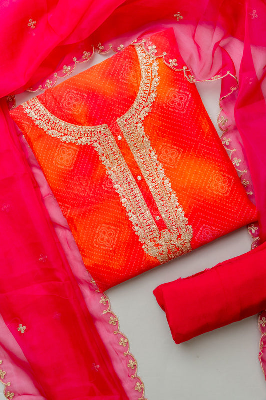 Soft As A Sunrise Coral Organza Unstitched Salwar Kameez With Organza Dupatta