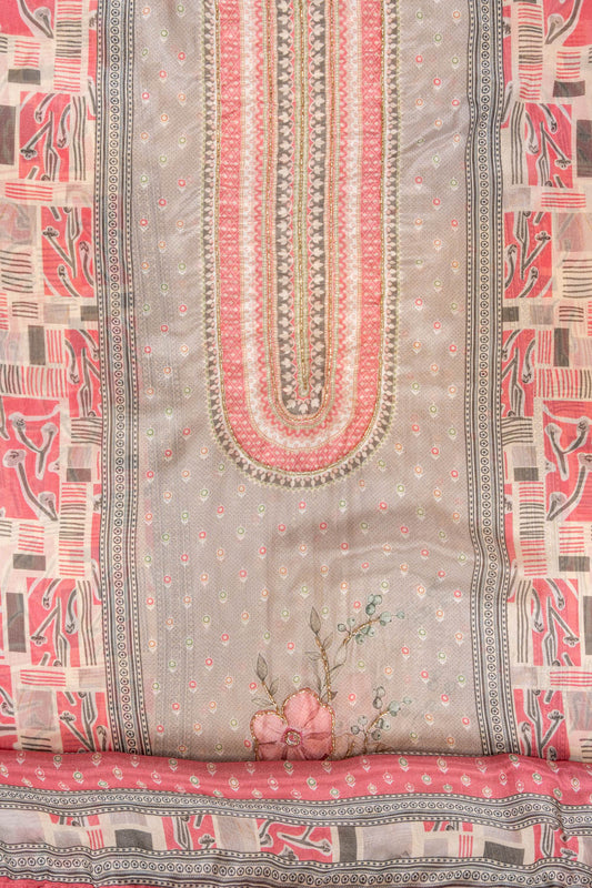 Grey Gajari Mirror Sheet, Threadwork & Floral Printed Cotton Unstitched Salwar Suit With Chiffon Dupatta