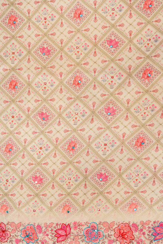 Pista Mirror Sheet, Threadwork & Floral Printed Cotton Unstitched Salwar Suit With Chiffon Dupatta