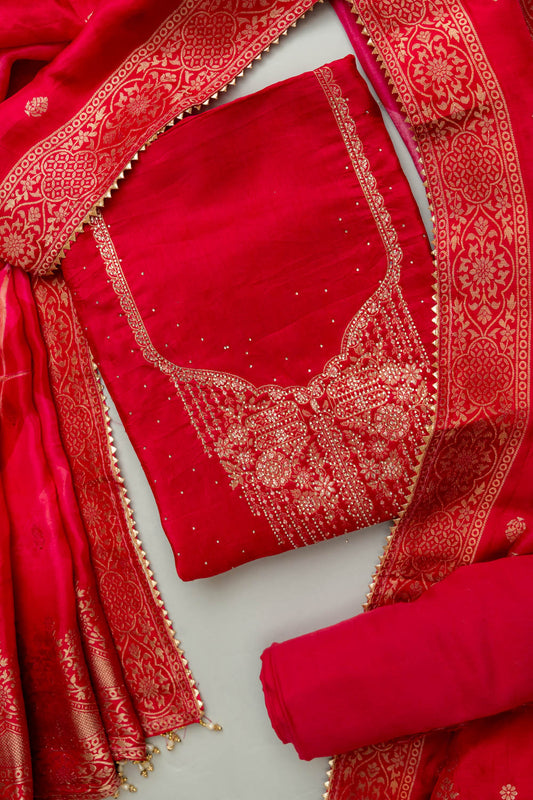 Heritage Heirloom Maroon Crepe Unstitched Salwar Kameez & Crepe Dupatta