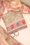 Pista Mirror Sheet, Threadwork & Floral Printed Cotton Unstitched Salwar Suit With Chiffon Dupatta
