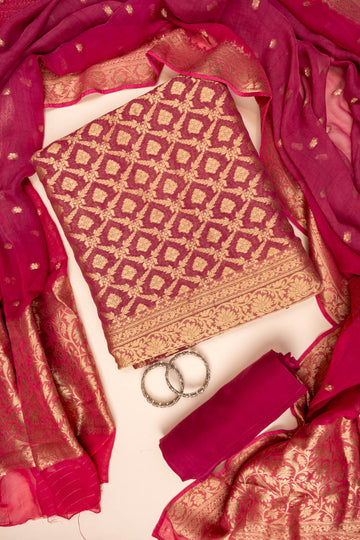 Onion Banarasi Woven Zari Khaddi Georgette Unstitched Salwar Suit With Georgette dupatta