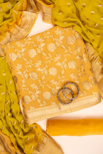 Mango Gold Banarasi Woven Zari Khaddi Georgette Unstitched Salwar Suit With Georgette Dupatta