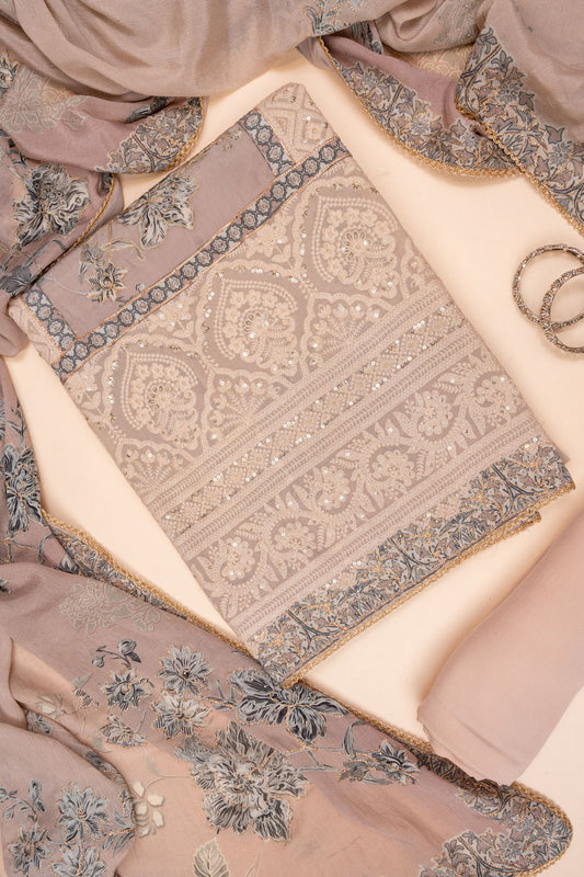 Chikoo Sequence & Threadwork Georgette Unstitched Salwar Suit With Georgette Dupatta