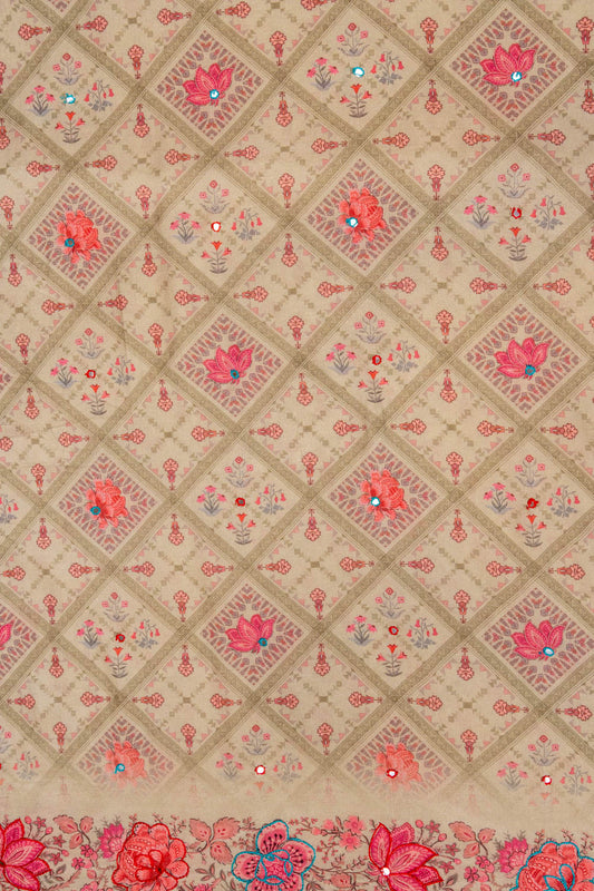 Grey Mirror Sheet, Threadwork & Floral Printed Cotton Unstitched Salwar Suit With Chiffon Dupatta