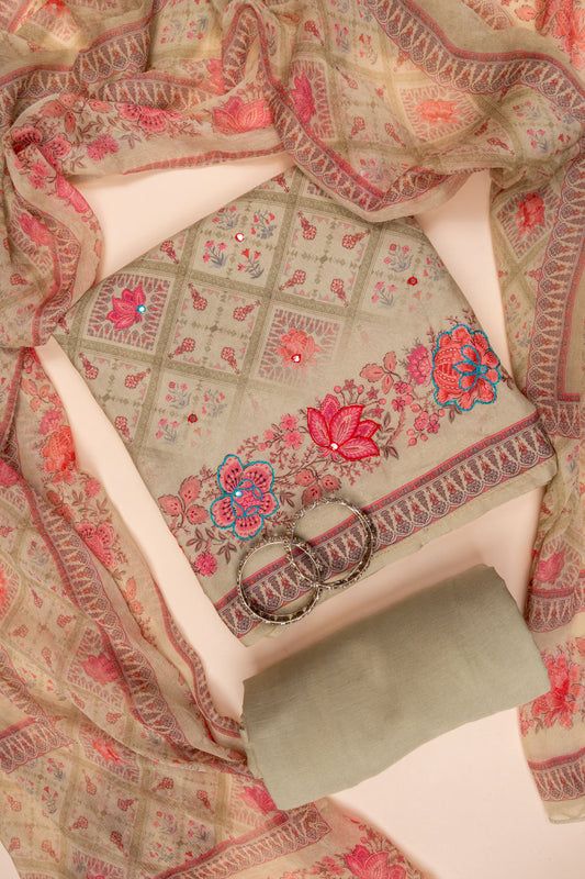 Grey Mirror Sheet, Threadwork & Floral Printed Cotton Unstitched Salwar Suit With Chiffon Dupatta