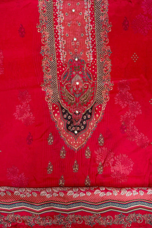 Rani Mirror Sheet, Sequence, Threadwork & Floral Printed Crepe Unstitched Salwar Suit With Chiffon Dupatta