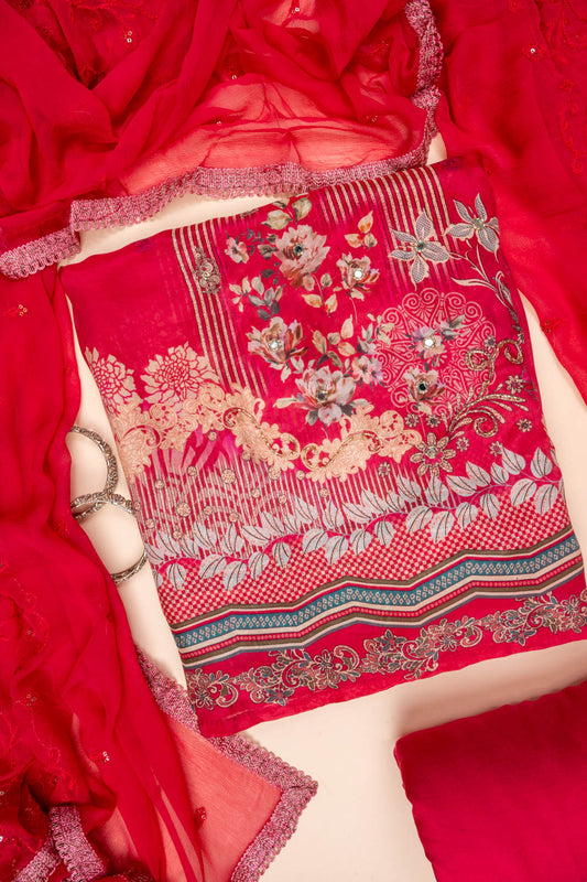 Rani Mirror Sheet, Sequence, Threadwork & Floral Printed Crepe Unstitched Salwar Suit With Chiffon Dupatta
