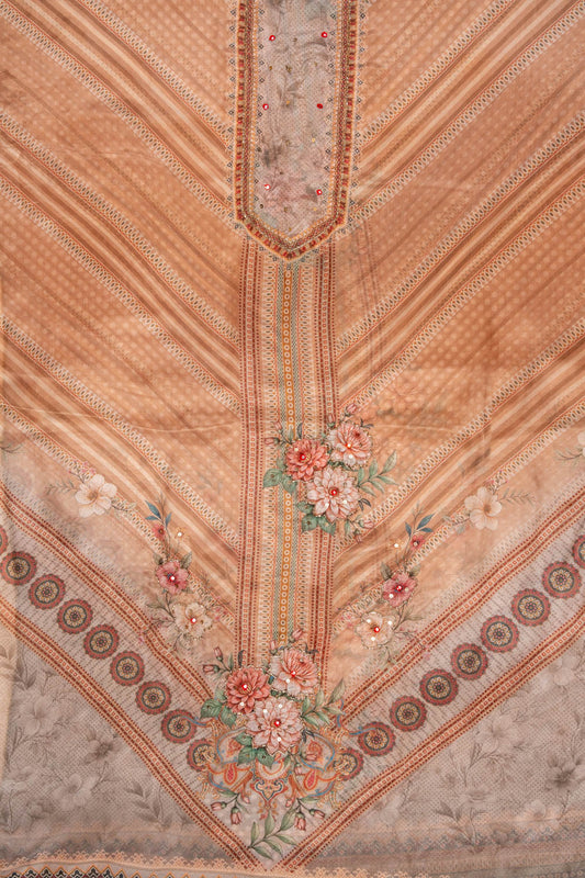 Tussar Mirror Sheet, Threadwork & Digital Printed Cotton Unstitched Salwar Suit With Chiffon Dupatta