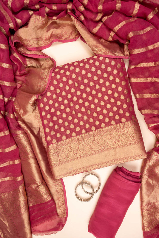 Onion Banarasi Woven Zari Khaddi Georgette Unstitched Salwar Suit With Georgette dupatta