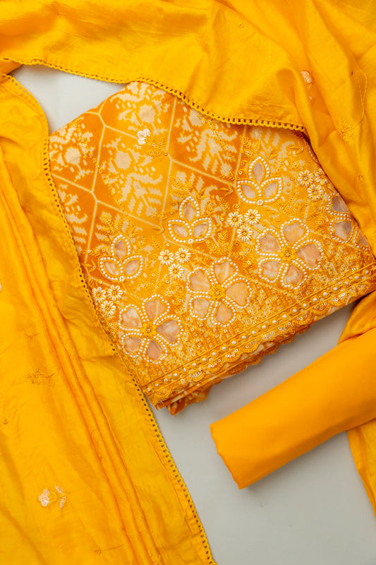 Sunshine Charm Mustard Cotton Unstitched Salwar Kameez With Cotton Dupatta