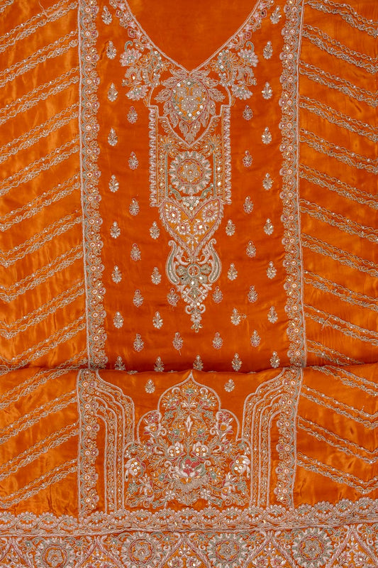 Rust Sequence & Zari Threadwork Crepe Unstitched Salwar Suit With Crepe Dupatta