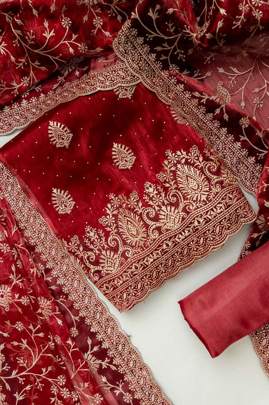 Heritage Heirloom Maroon Organza Unstitched Salwar Kameez With Organza Dupatta