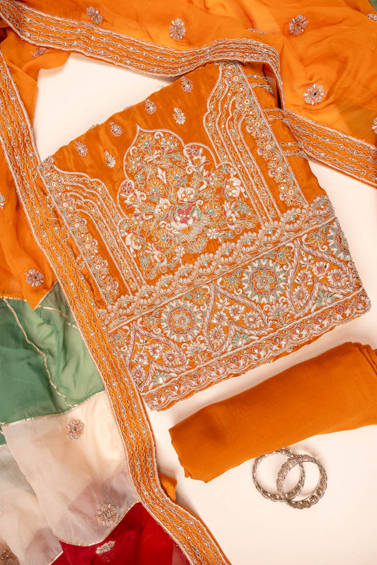 Rust Sequence & Zari Threadwork Crepe Unstitched Salwar Suit With Crepe Dupatta